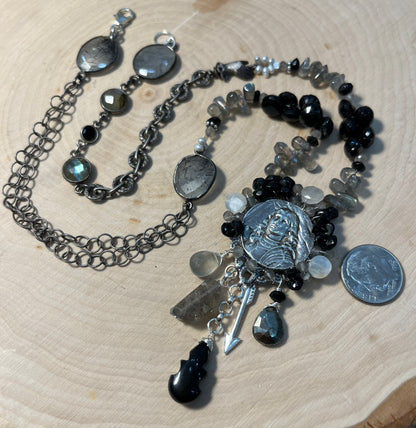 Joan of Arc necklace with labradorite, black tourmaline and pyrite on filigree