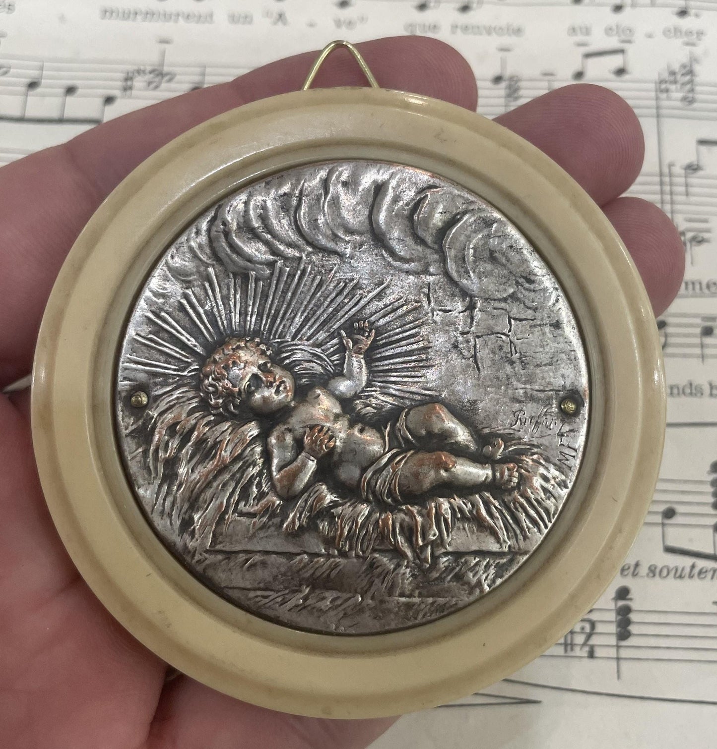 Rare Antique French Crib Cradle Protector Baby Celluloid Baptism Signed Ruffony c1920