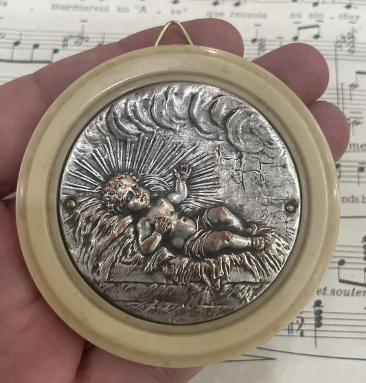 Rare Antique French Crib Cradle Protector Baby Celluloid Baptism Signed Ruffony c1920