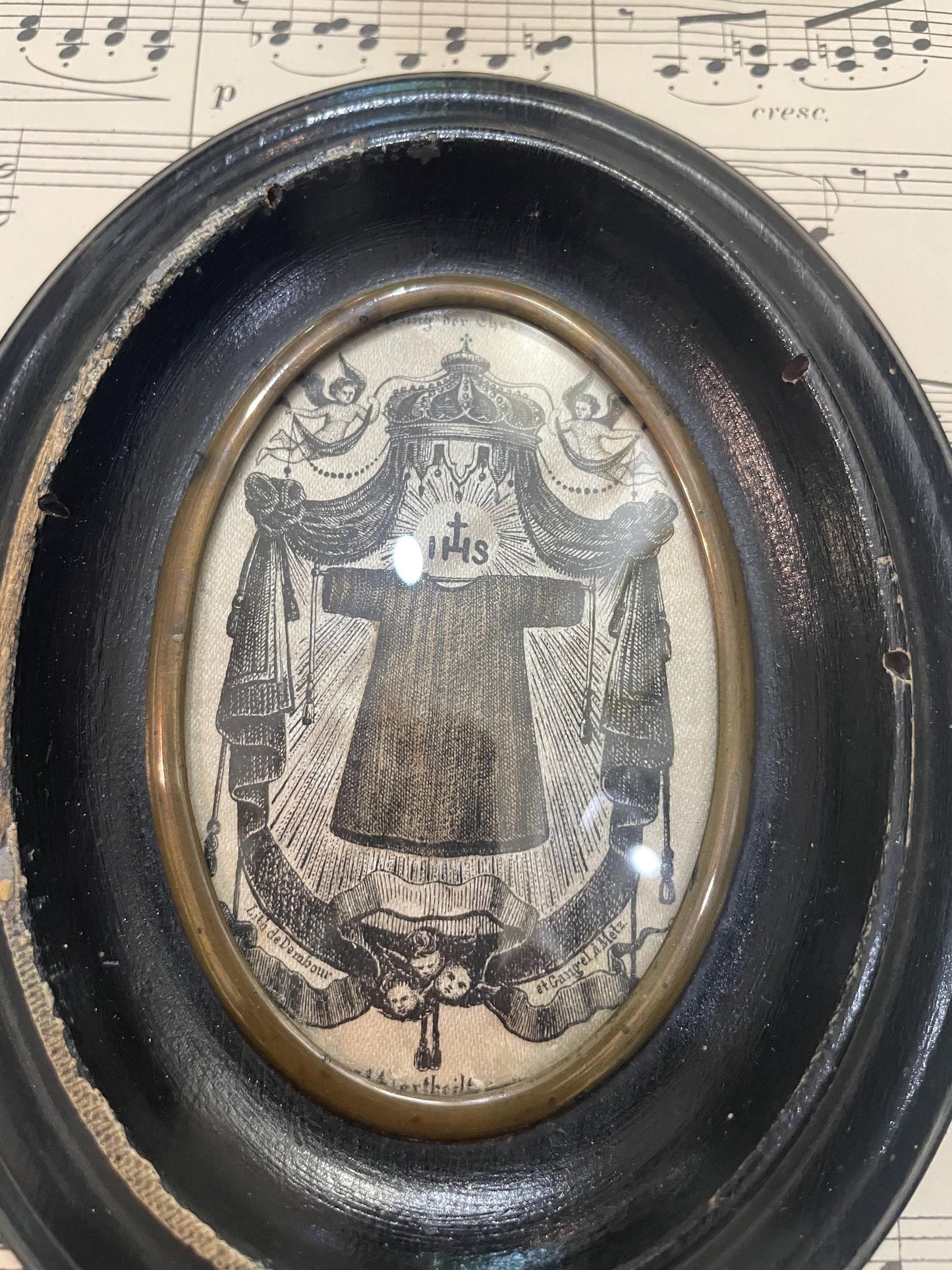 Antique French Ex Voto Holy Robe of Jesus under Glass c1880