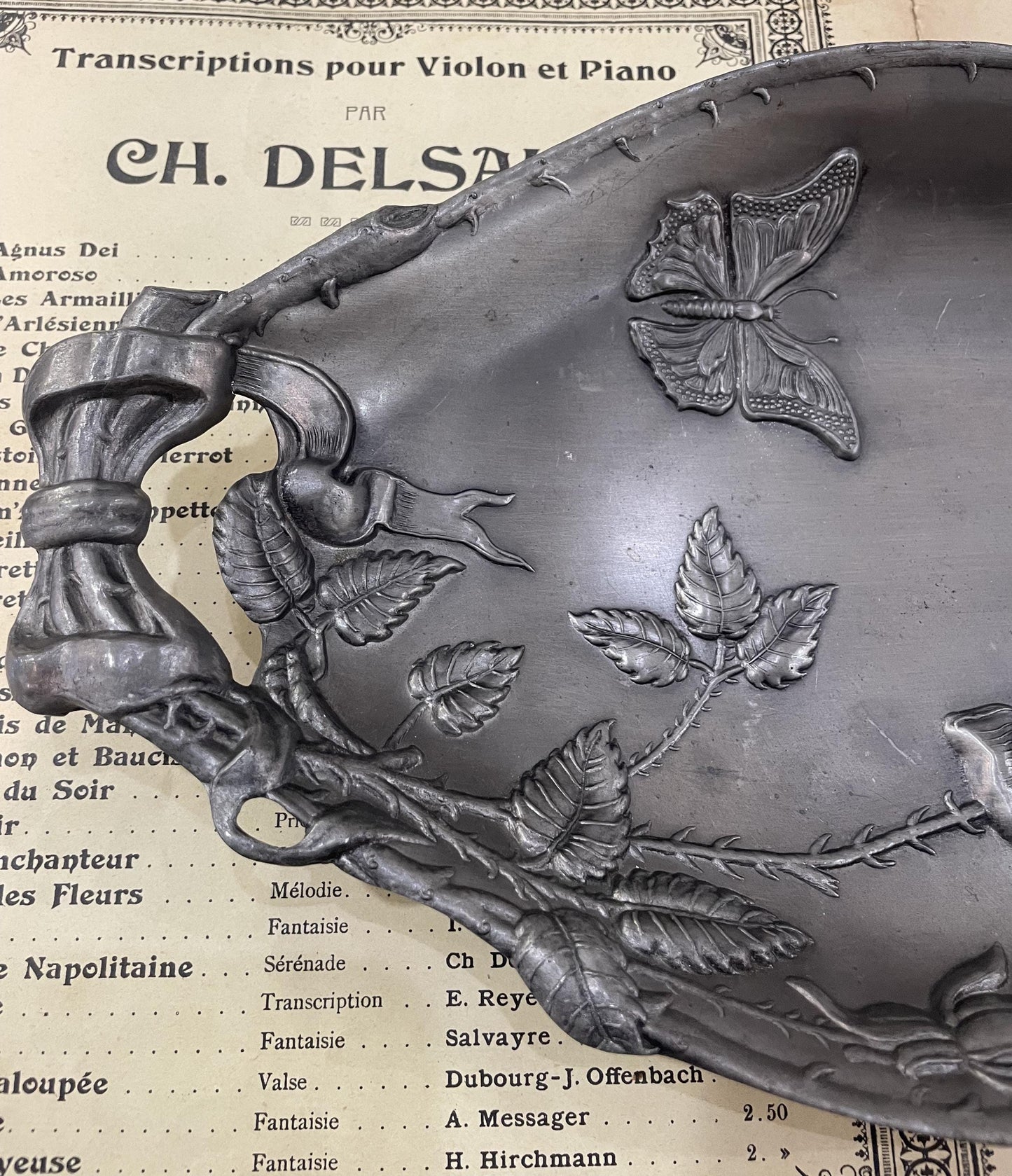 Rare Large Antique French Art Nouveau Pewter Tray Butterfly Roses c1920