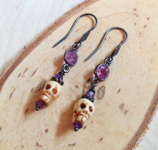 Amethyst Shrunken Head Skull Earrings
