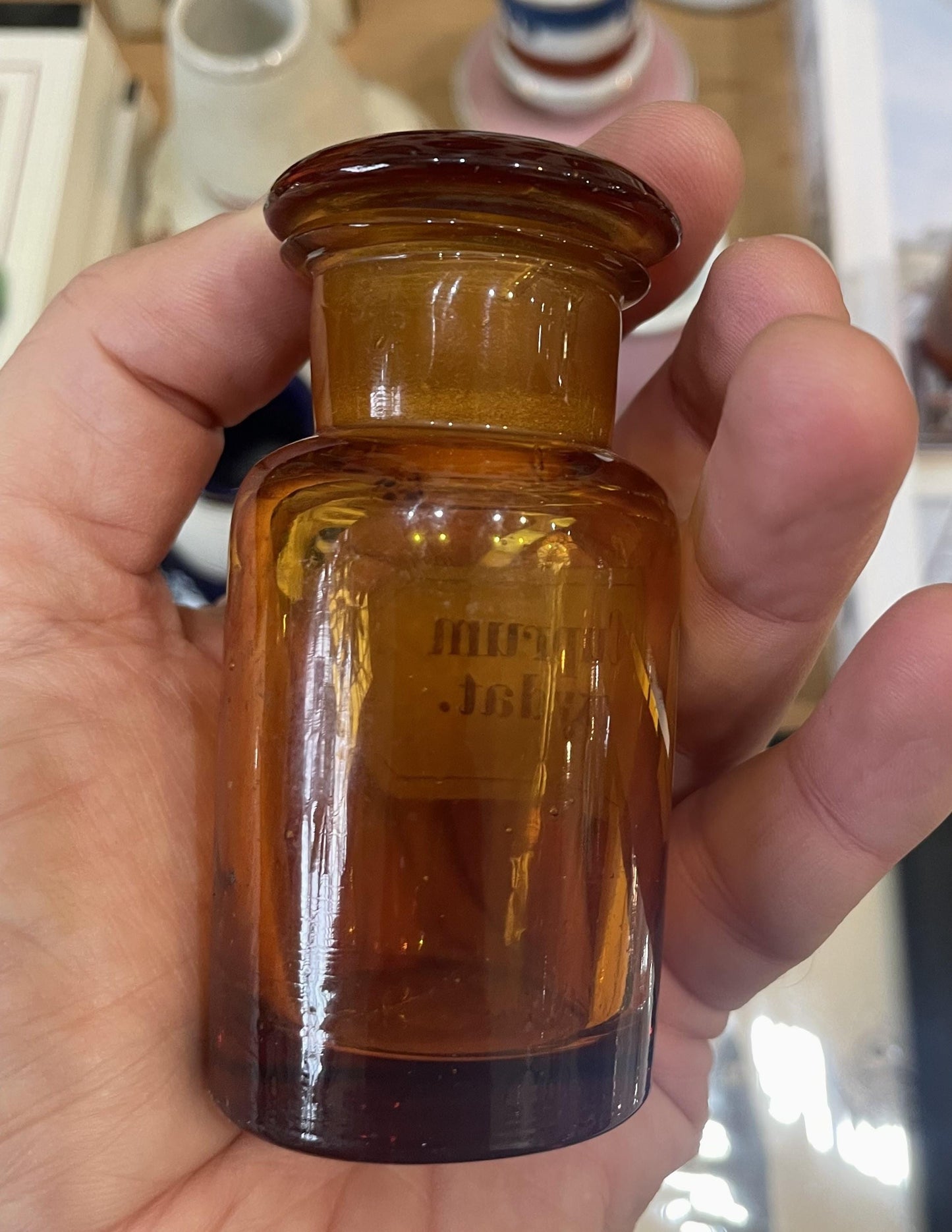 Small Antique French Apothecary Bottle Amber Glass Cuprum Oxydat. c1880