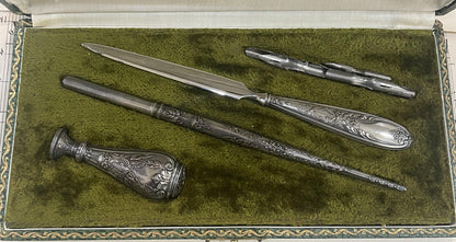 Antique French Silver Plated Desk Set Letter Opener Quill Pen Wax Seal Art Nouveau Original Box c1900