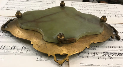 Rare Large Antique French Bronze Champleve Enamel Green Onyx Tray Platter Centerpiece c1880