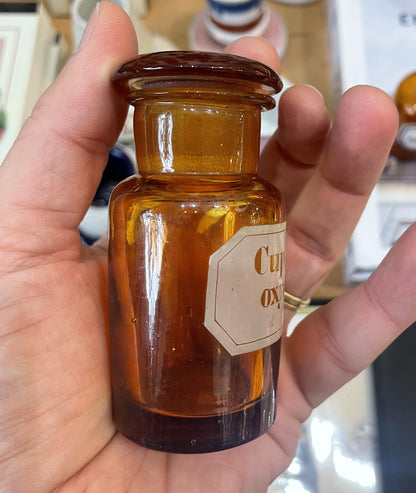 Small Antique French Apothecary Bottle Amber Glass Cuprum Oxydat. c1880