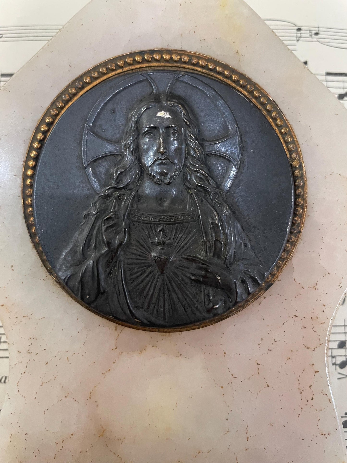 Antique French Onyx Holy Water Font Jesus Sacred Heart Signed Ruffony c1910