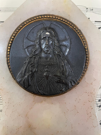 Antique French Onyx Holy Water Font Jesus Sacred Heart Signed Ruffony c1910