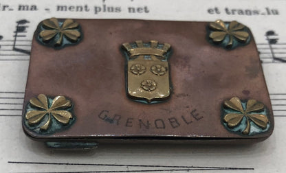 Antique French Copper Stamp Box Grenoble Four Leaf Clover c1900