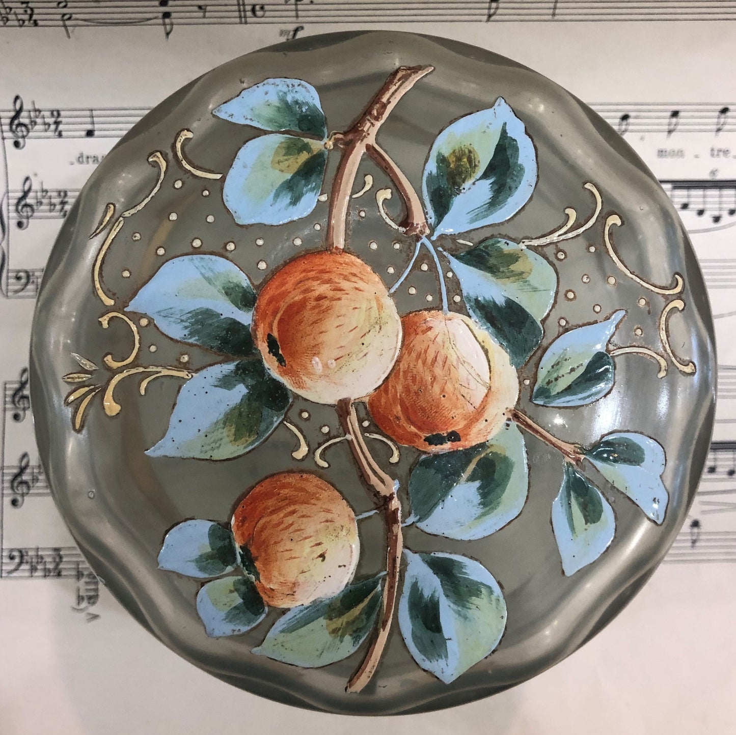 Rare Large Antique French Gilt Brass Glass Hand Painted Enameled Box Fruits Peach c1900