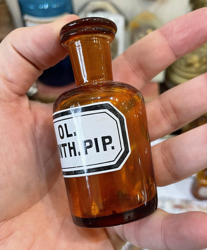 Small Antique French Apothecary Bottle Amber Glass Ol. Menth. Pip. c1880