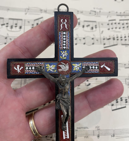 Rare Antique Italian Micro Mosaic Micromosaic Cross Crucifix Bird Set in Wood c1900
