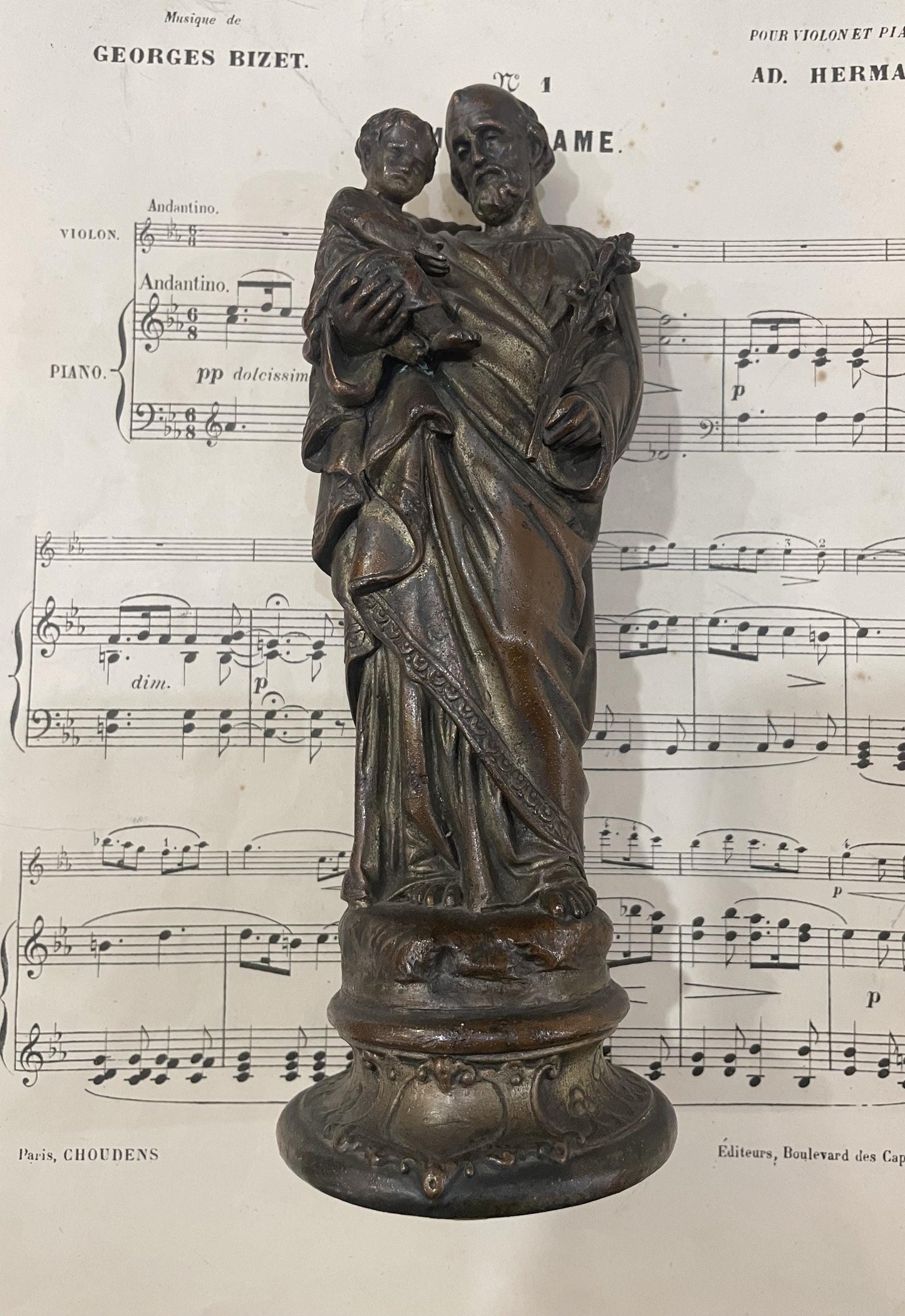 Rare Antique French St Joseph and Child Spelter Statue c1900