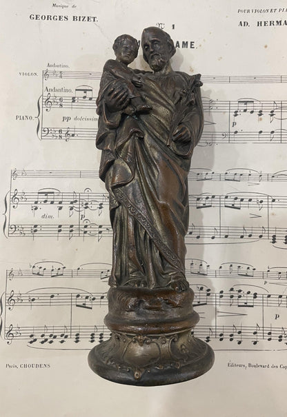 Rare Antique French St Joseph and Child Spelter Statue c1900