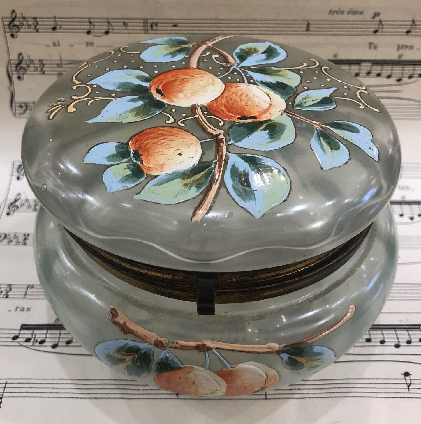 Rare Large Antique French Gilt Brass Glass Hand Painted Enameled Box Fruits Peach c1900