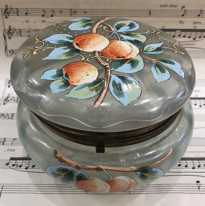 Rare Large Antique French Gilt Brass Glass Hand Painted Enameled Box Fruits Peach c1900