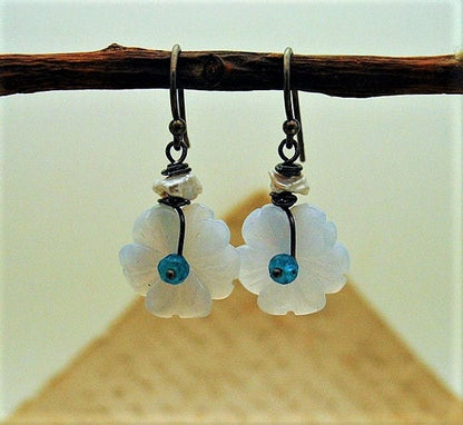 Dangle Blue Chalcedony Periwinkle earrings with blue apatite, freshwater pearls and sterling