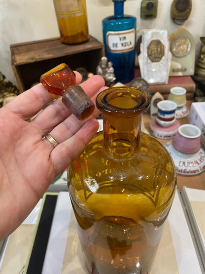 Rare Large Antique French Apothecary Bottle Amber Glass Alcool Camphre c1880