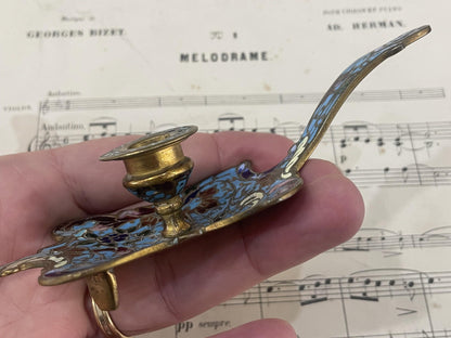 Small Antique French Miniature Champleve Enamel Candlestick Holder c1880