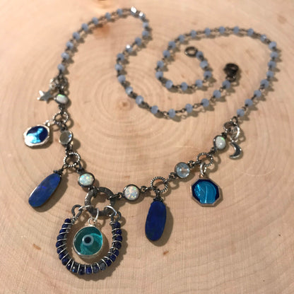 Third Eye protection necklace is made with lapis, opals, blue topaz, blue chalcedony, antique French enamel medals