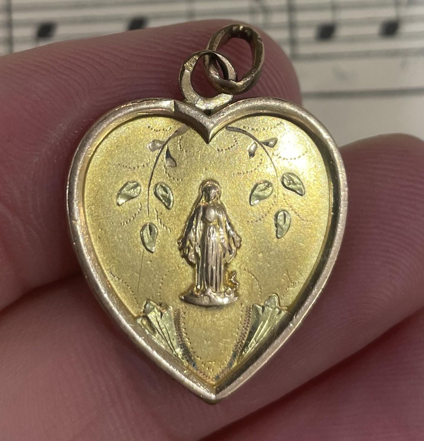 Antique French Art Nouveau Gold-Filled Miraculous Madonna Heart Religious Medal c1920
