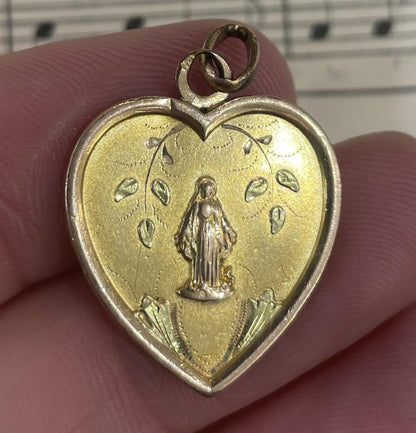 Antique French Art Nouveau Gold-Filled Miraculous Madonna Heart Religious Medal c1920