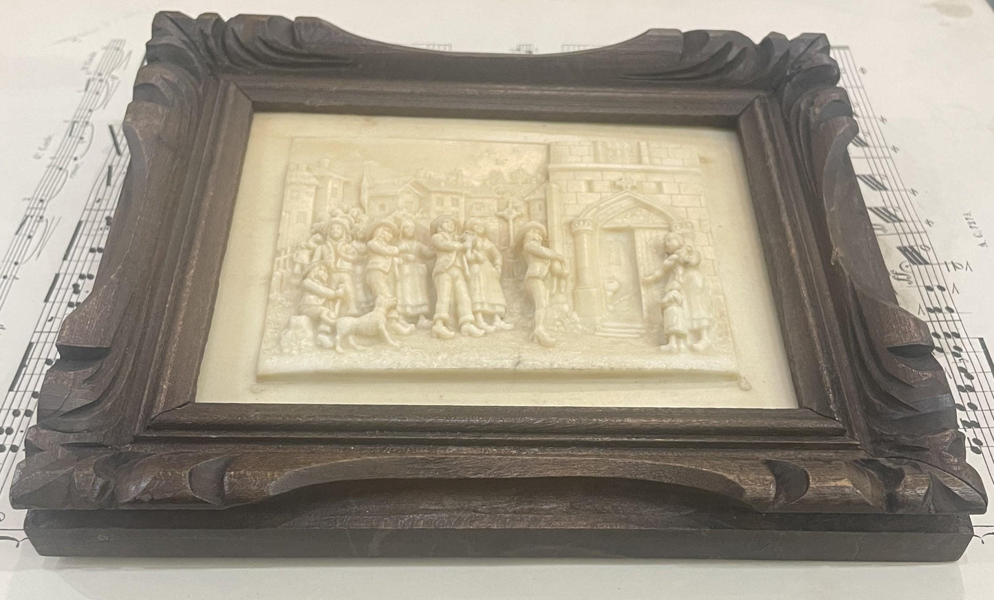 Antique French Petrifying Well Peasant Scene Plaque Framed c1920