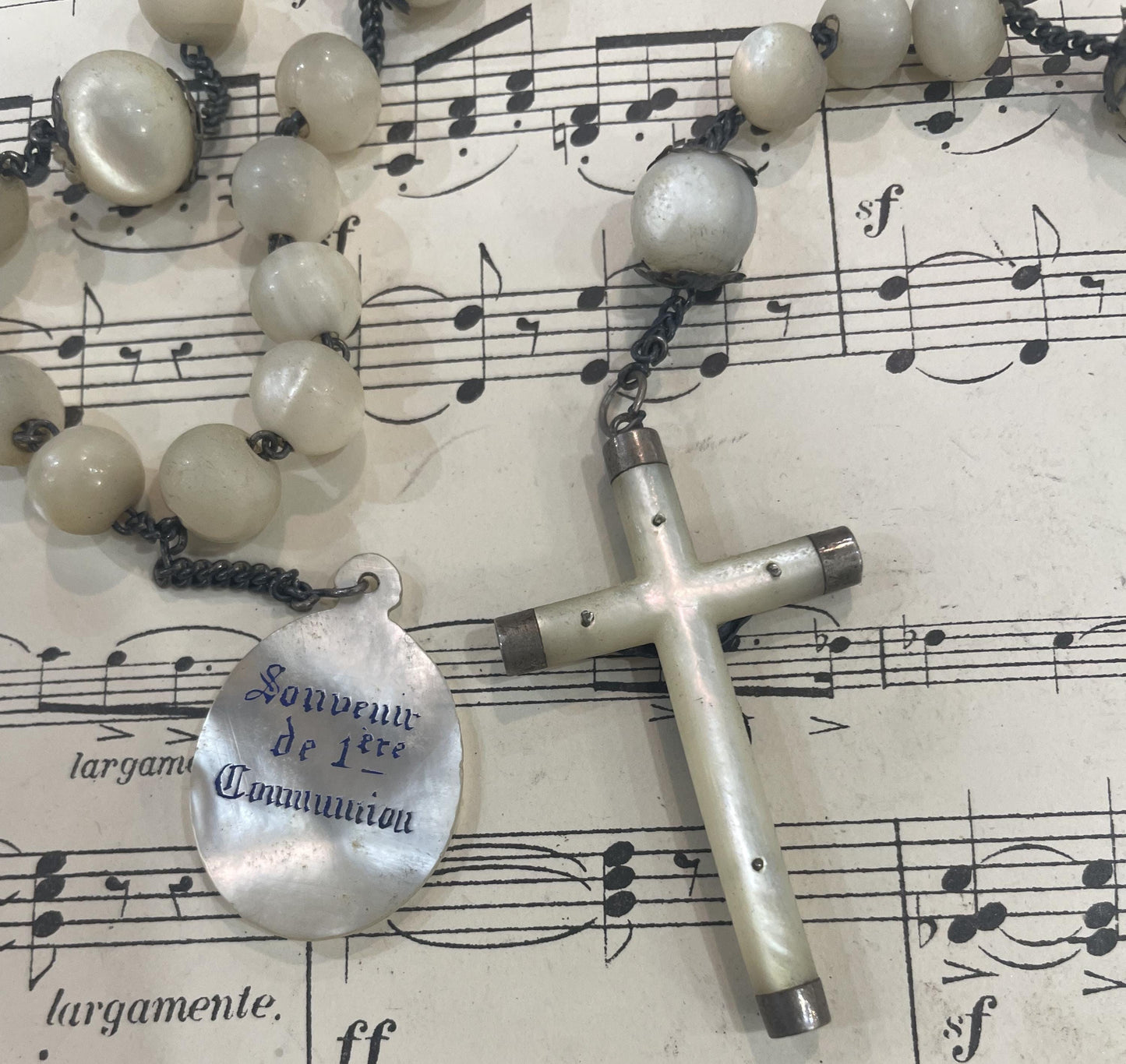 Rare Antique French Mother of Pearl Sterling Silver First Communion Rosary c1880