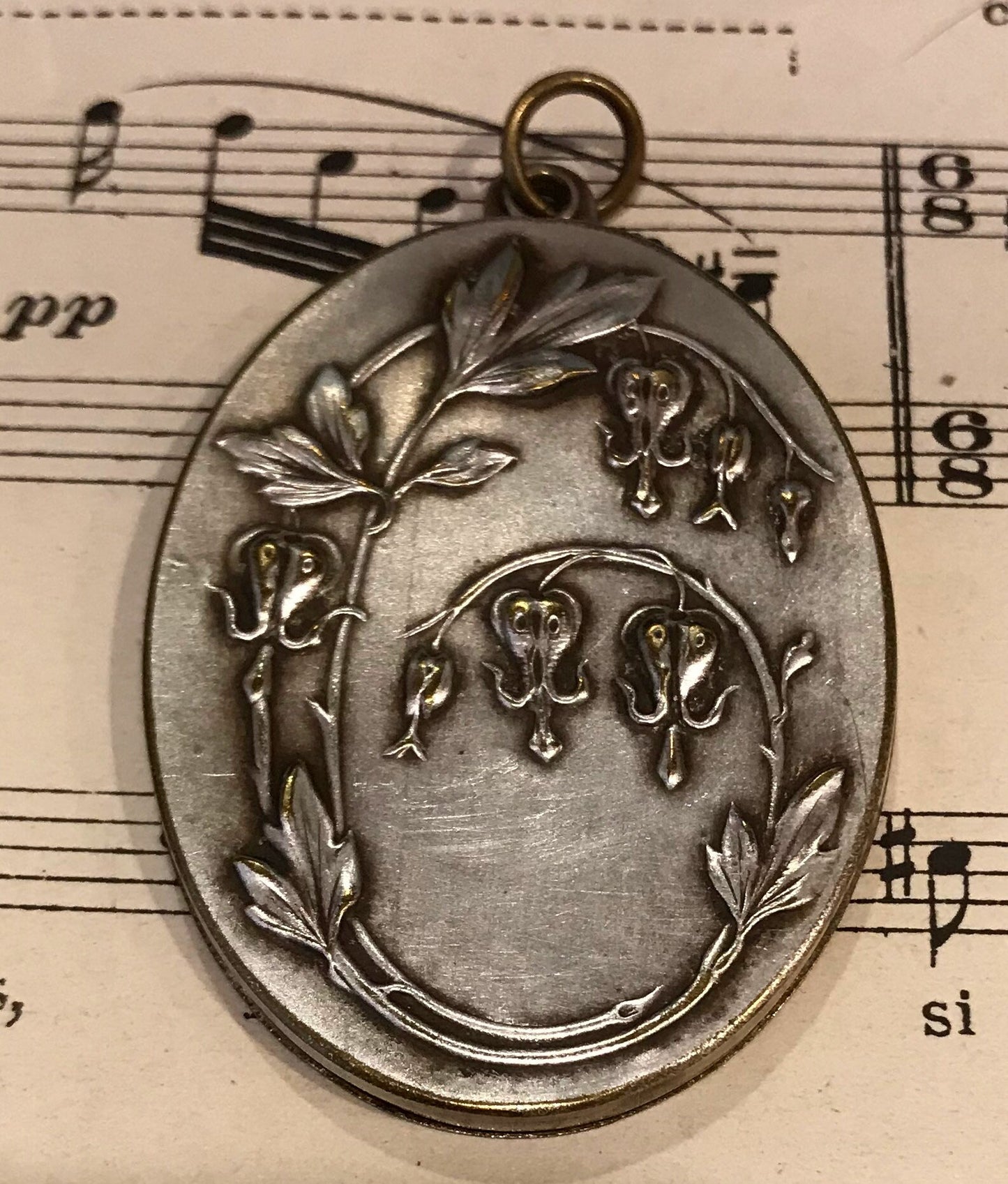 Antique French Art Nouveau Sliding Mirror Pendant Apparition of Lourdes c1900