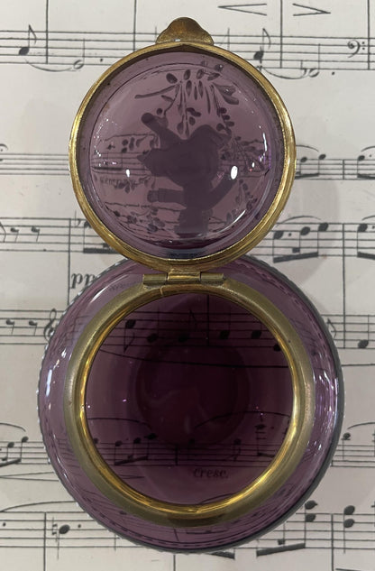 Rare Antique French Gilt Brass Purple Glass Hand Painted Enameled Box Mary Gregory c1900