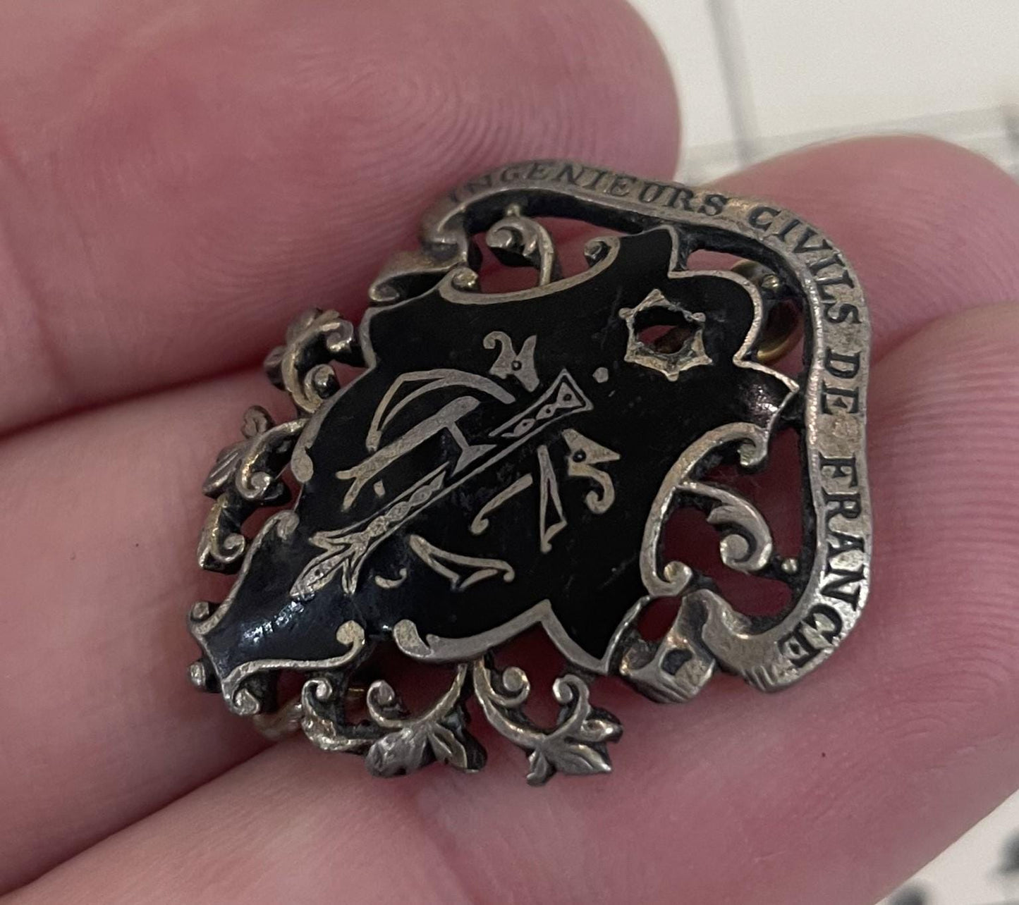 Antique Art Nouveau French Sterling Silver Enameled Brooch c1910