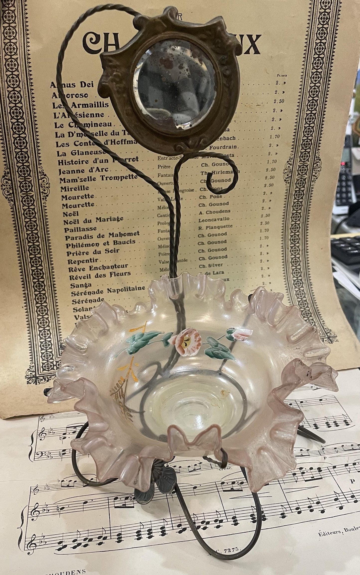 Rare Antique French Pocket Watch Holder Mirror Glass Tray c1880