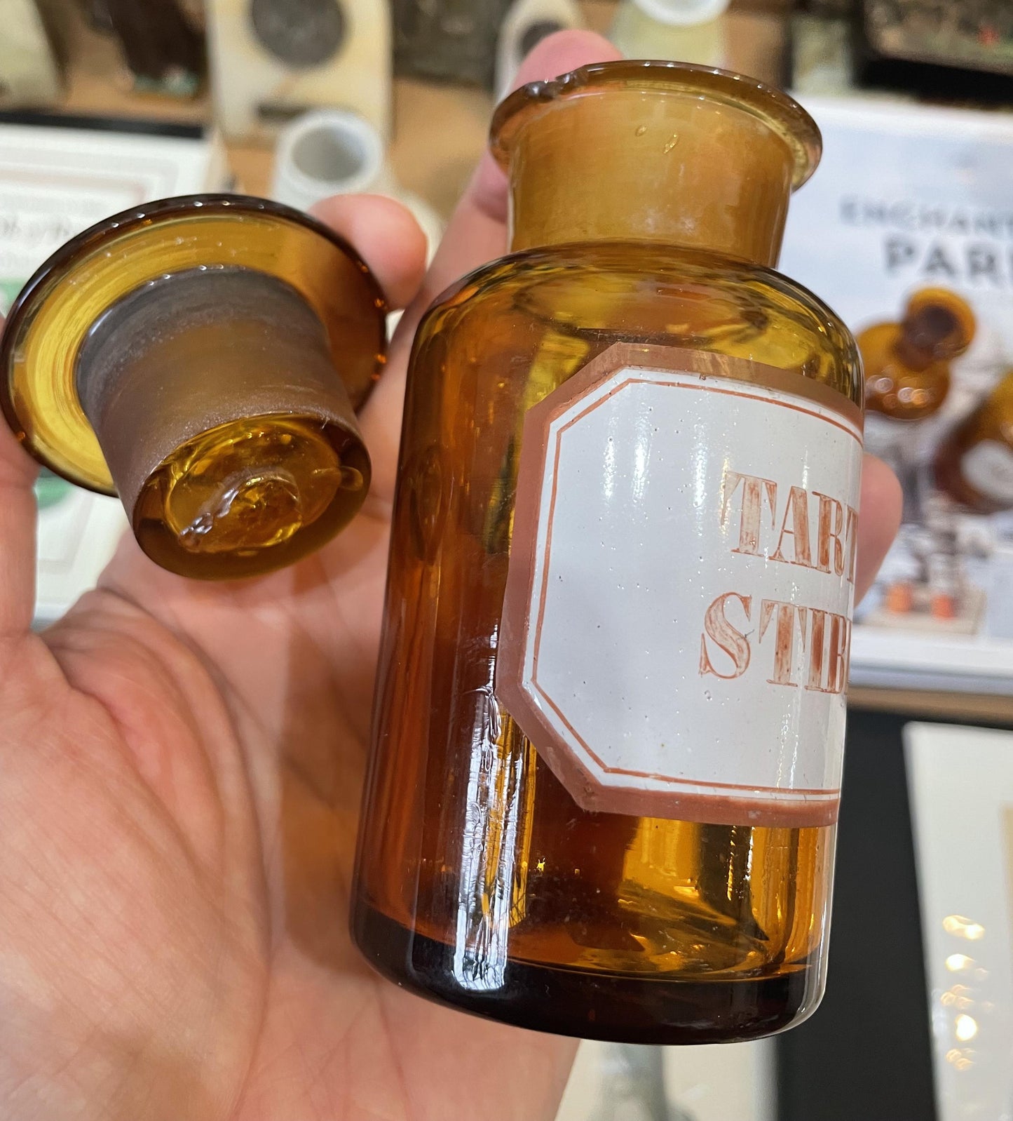 Small Antique French Apothecary Bottle Amber Glass Tartar. Stibiat. c1880