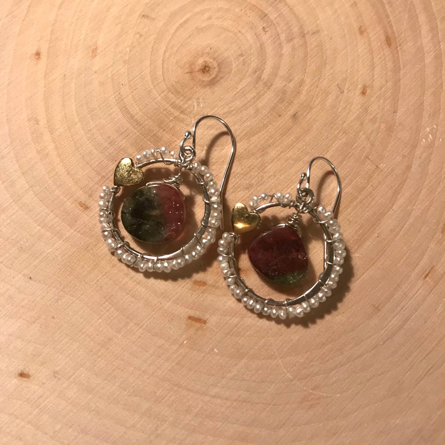 Tourmaline and pearl earrings with sterling silver and gold wash heart