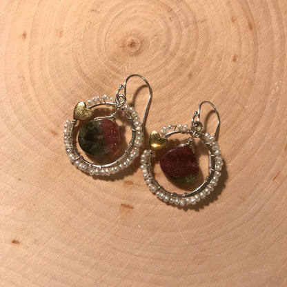 Tourmaline and pearl earrings with sterling silver and gold wash heart