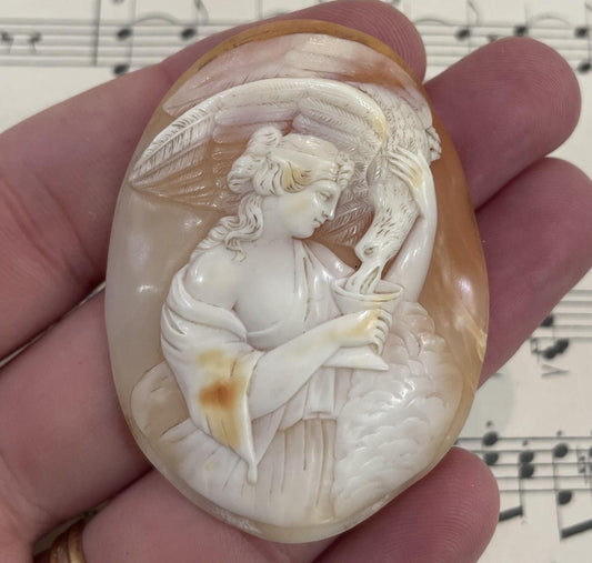 Rare Large Antique Italian Carved Shell Cameo Mythology Hebe Eagle Zeus c1900