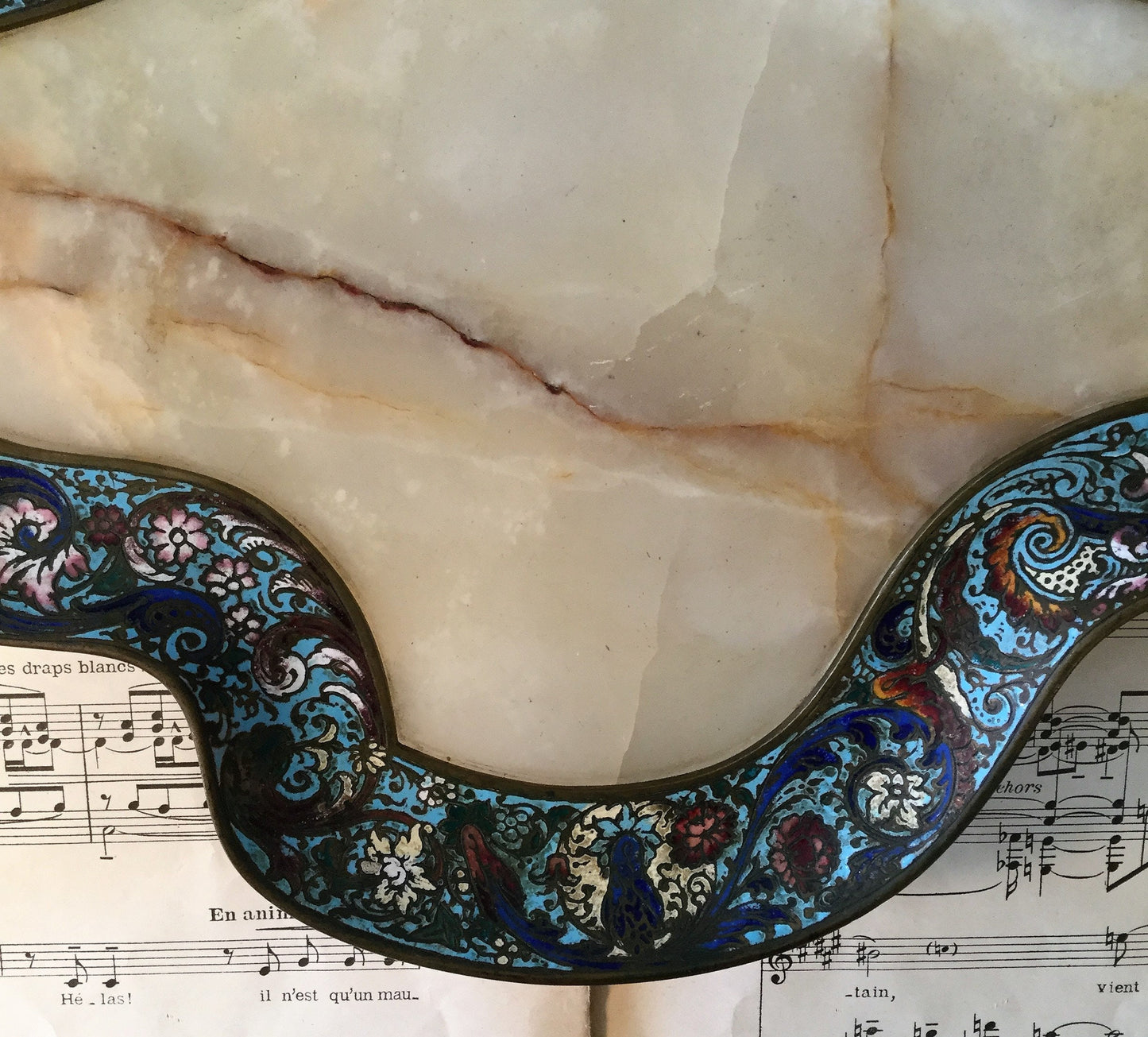 Rare Large Antique French Bronze Champleve Enamel Onyx Tray Platter Centerpiece c1880