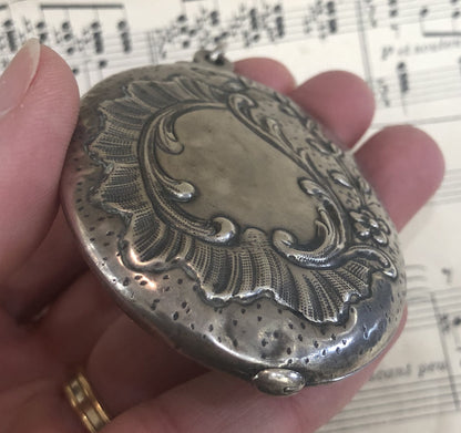 Rare Antique French Art Nouveau Sterling Silver Flower Sliding Mirror Pendant c1900