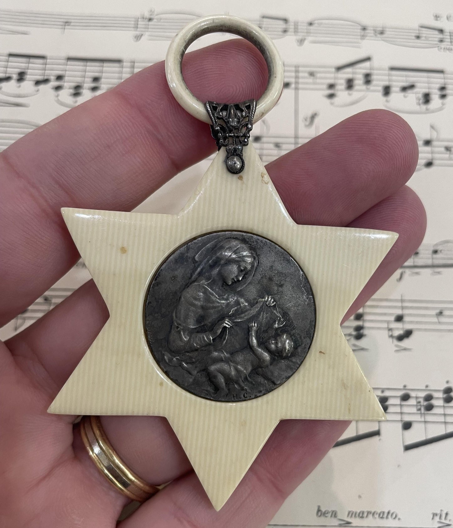 Rare Antique French Crib Cradle Protector Cherub Star Celluloid Baptism c1900