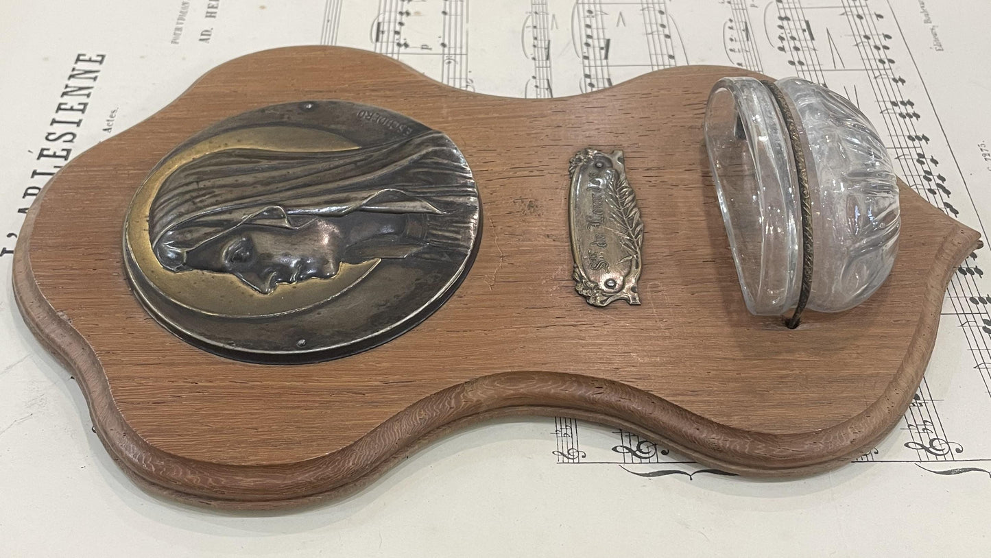Antique French Art Nouveau Wooden Signed Holy Water Font Lourdes Virgin Mary c1920