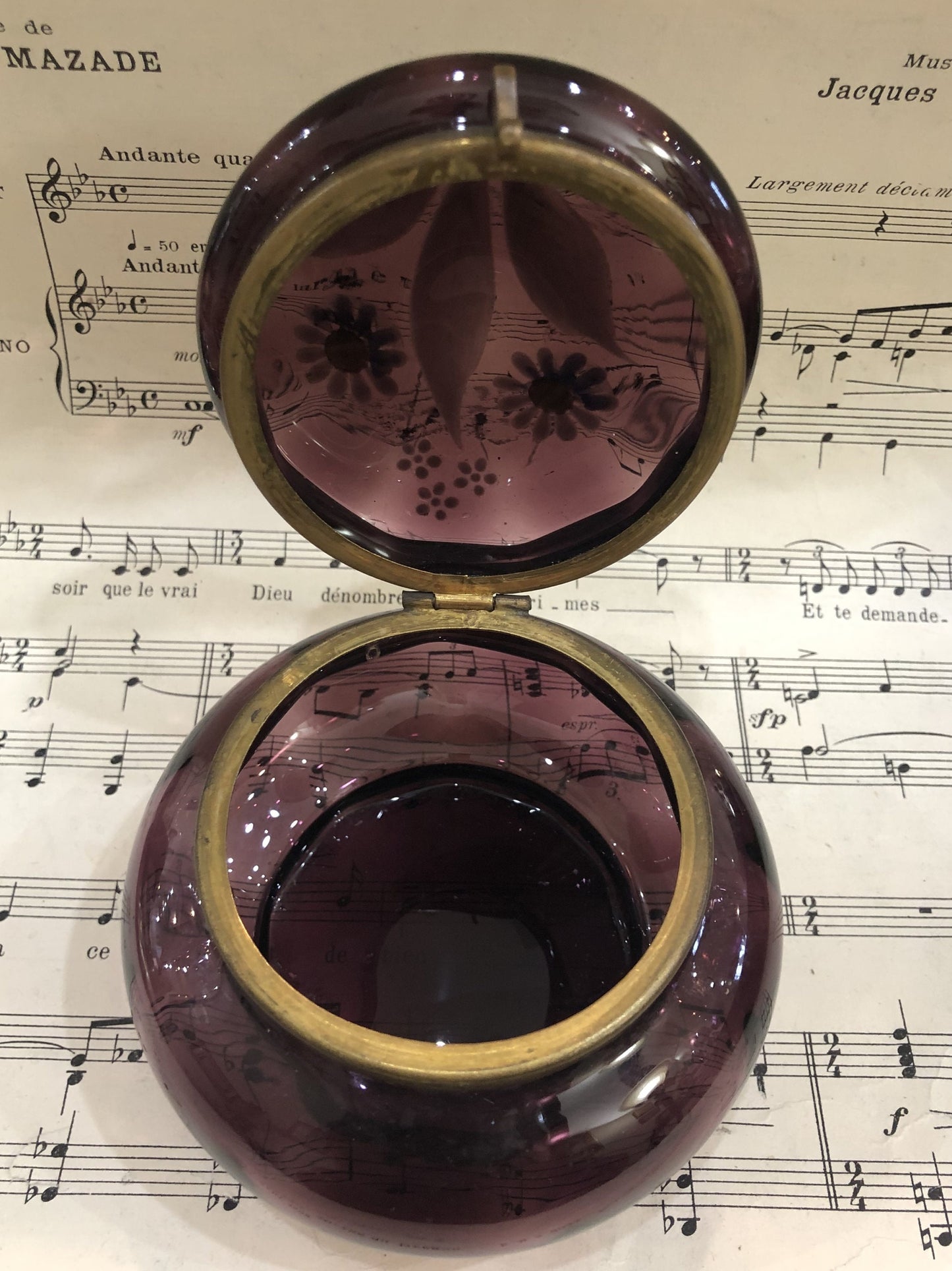 Antique French Gilt Brass Purple Glass Hand Painted Enameled Box Flowers c1900