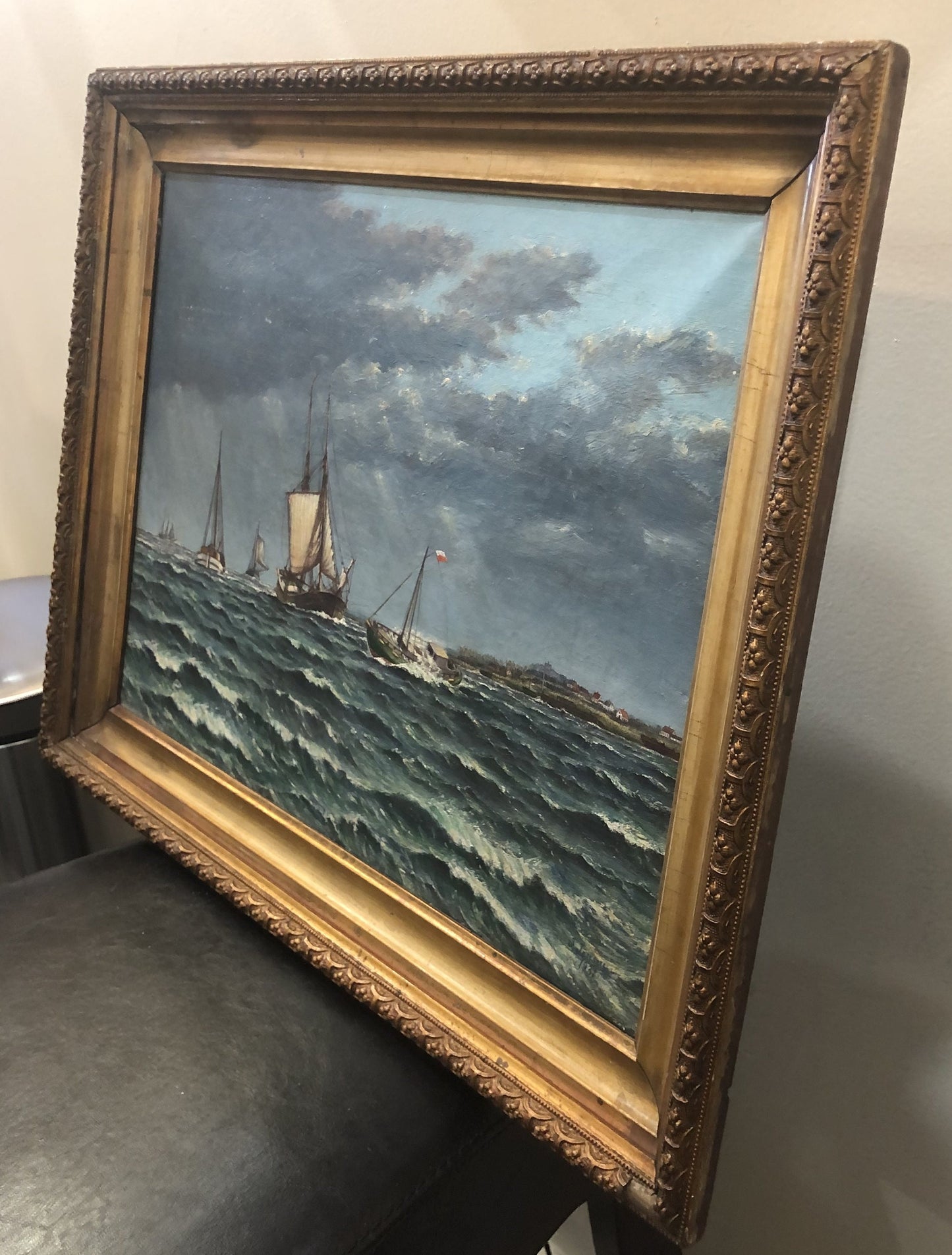 Antique Dutch Netherlands Oil on Canvas Marine Boats Signed J. Jensen c1931