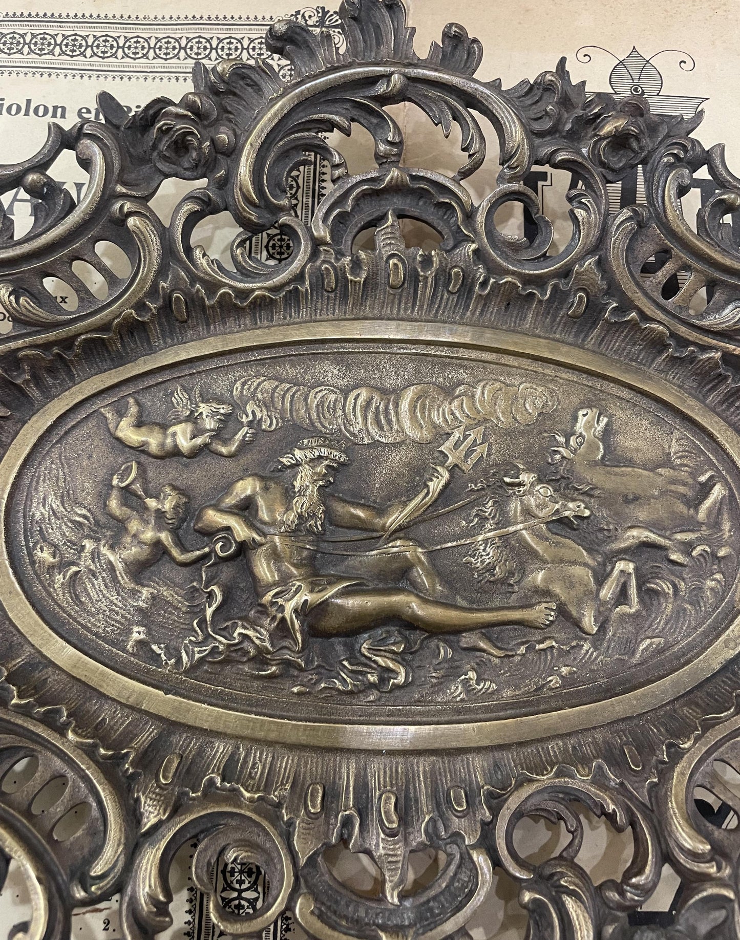 Rare Large Antique French Art Nouveau Bronze Tray Zeus Mythology c1900