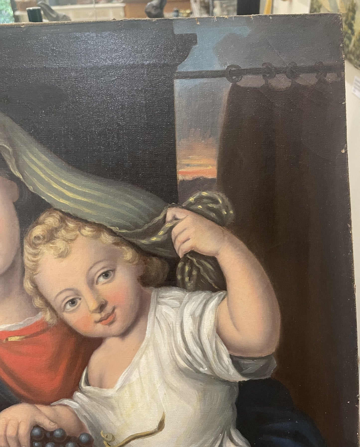 Rare Antique French Oil on Canvas Religious Painting The Virgin of the Grapes after Pierre MIGNARD c1830's