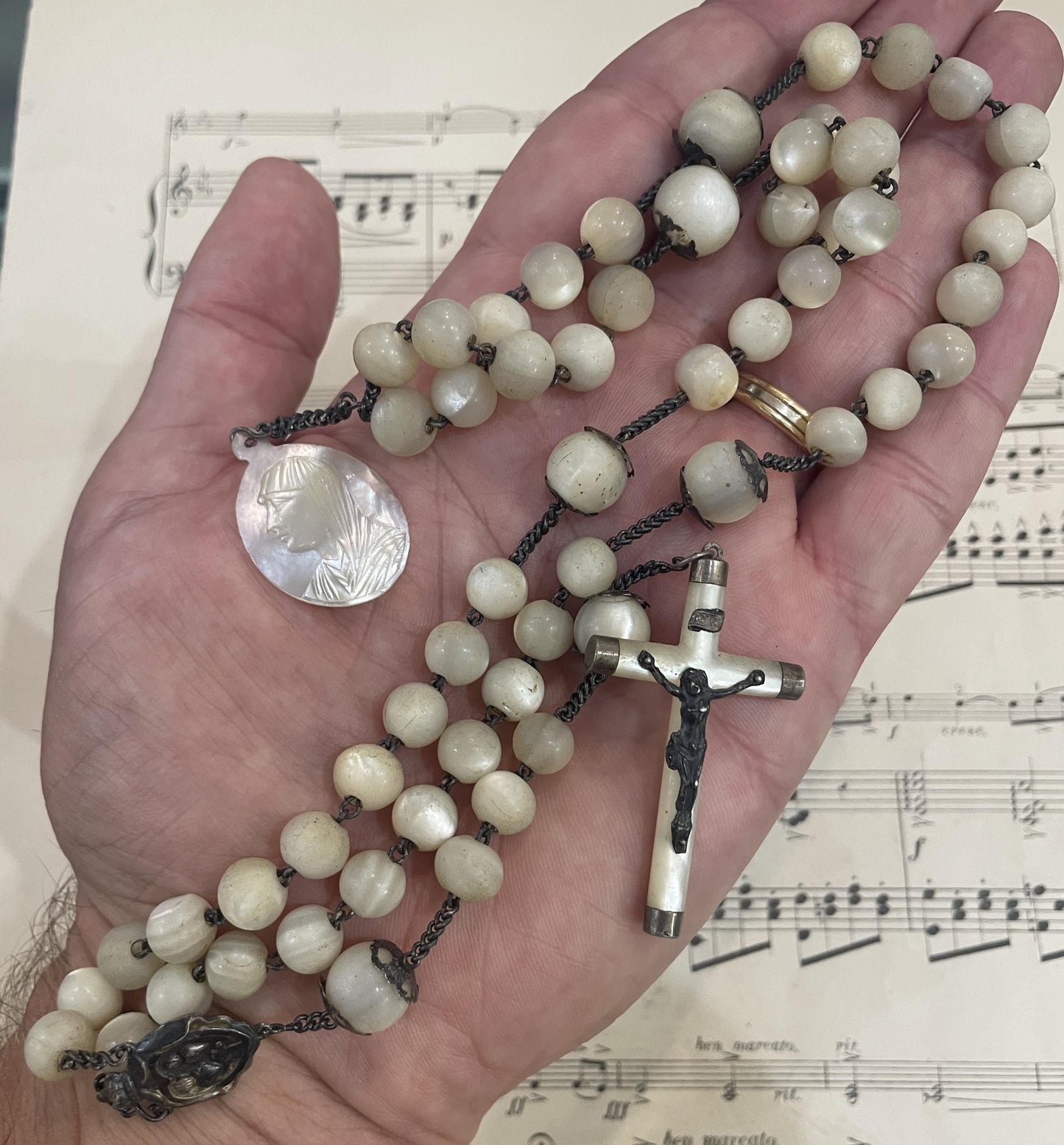 Rare Antique French Mother of Pearl Sterling Silver First Communion Rosary c1880