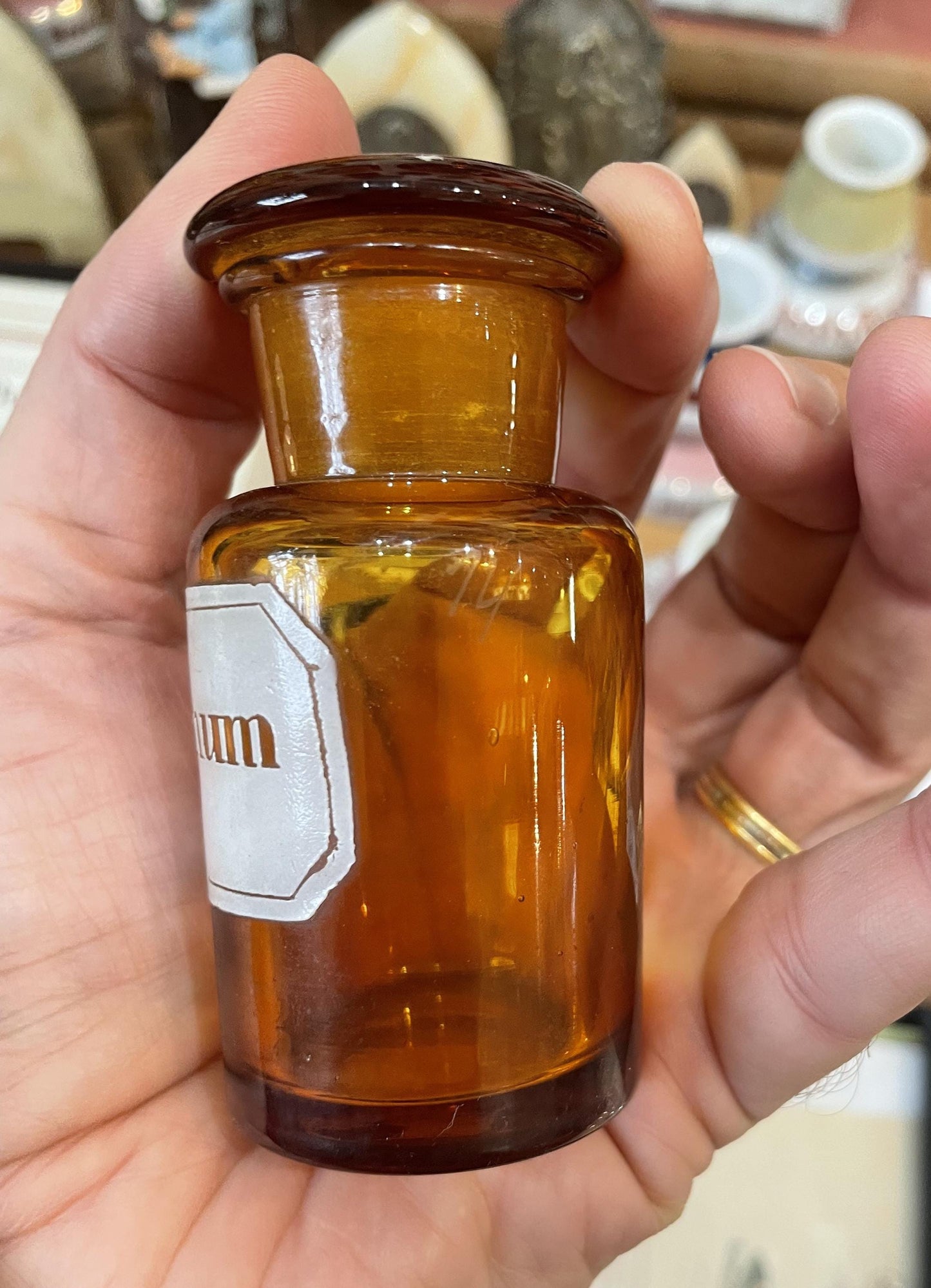 Small Antique French Apothecary Bottle Amber Glass Stannum c1880