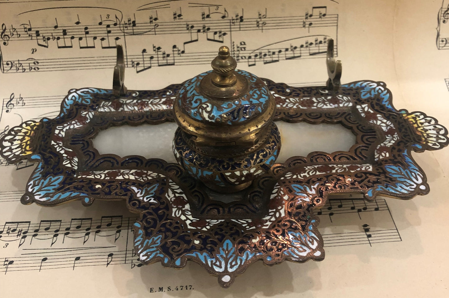 Rare Antique French Champleve Enamel Bronze Ink Well Inkwell c1880