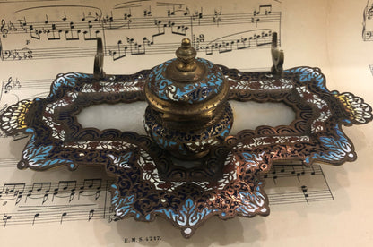 Rare Antique French Champleve Enamel Bronze Ink Well Inkwell c1880