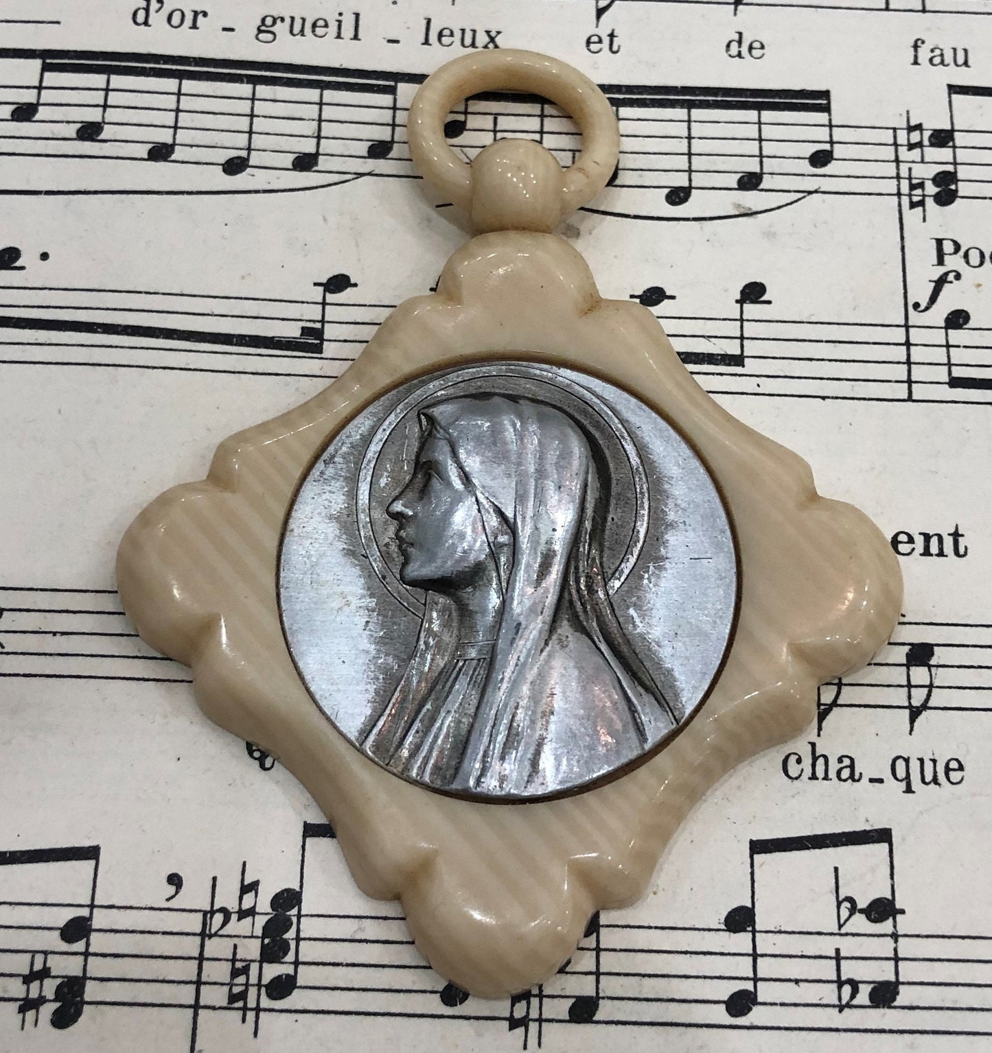 Rare Antique French Crib Cradle Protector Virgin Mary Celluloid Baptism c1920