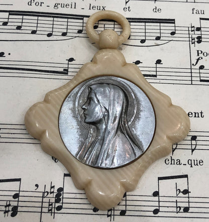 Rare Antique French Crib Cradle Protector Virgin Mary Celluloid Baptism c1920